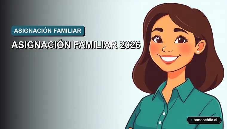Ilustración vectorial plana de una mujer chilena sonriente, representando a una beneficiaria de la Asignación Familiar por Tramos. Fondo con degradado suave.