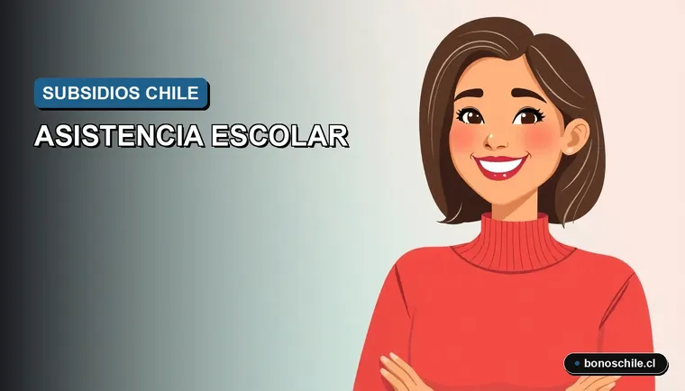 Ilustración vectorial plana premium sobre el Bono Asistencia Escolar 2026. Guía informativa sobre montos, requisitos y fechas de pago en Chile.