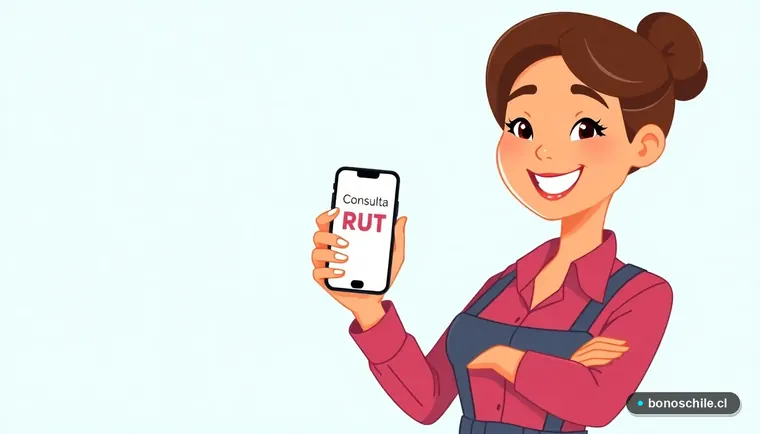 Ilustración de mujer joven consultando bonos pendientes con su RUT en un teléfono, estilo vectorial plano.