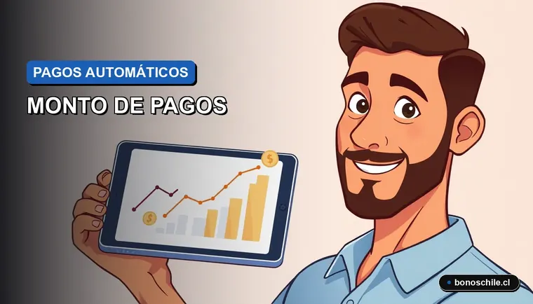 Ilustración vectorial plana de un trabajador chileno revisando el cálculo de sus pagos automáticos en una tablet digital, sobre fondo degradado azul.