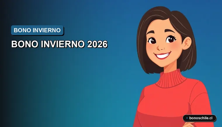 Ilustración vectorial plana premium de una mujer chilena sonriente, representando el cálculo del Bono Invierno, sobre fondo degradado azul y blanco.