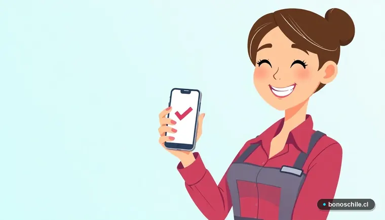 Ilustración de una joven consultando en su celular si le corresponde el Bono Invierno.