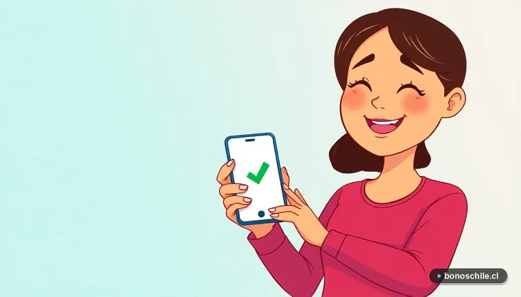 Ilustración de una mujer revisando con alivio los bonos pendientes en su teléfono móvil.