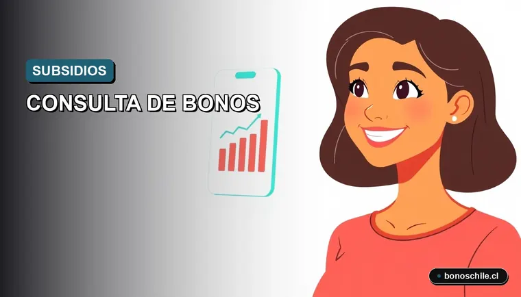 Ilustración vectorial plana de una mujer chilena revisando subsidios estatales en su teléfono, con fondo de gradiente moderno.