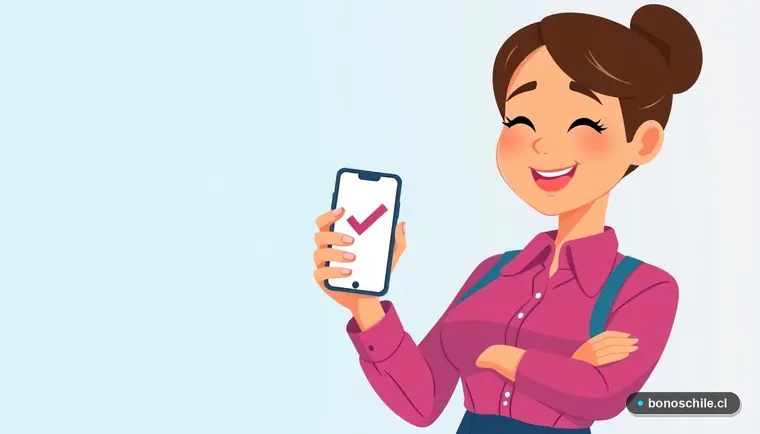 Mujer joven revisando sus bonos estatales en un teléfono móvil con alivio.