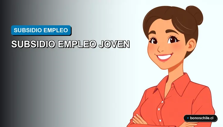 Ilustración vectorial plana de una joven trabajadora chilena sonriendo, representando la consulta del pago del Subsidio Empleo Joven por RUT. Fondo con gradiente suave.