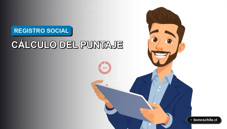 Ilustración vectorial plana de un trabajador joven revisando el cálculo de su puntaje del Registro Social de Hogares en una tablet digital, con fondo degradado.