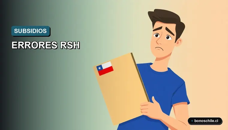 Ilustración vectorial plana de un hombre joven preocupado revisando un documento oficial, representando errores comunes al actualizar el Registro Social de Hogares en Chile.