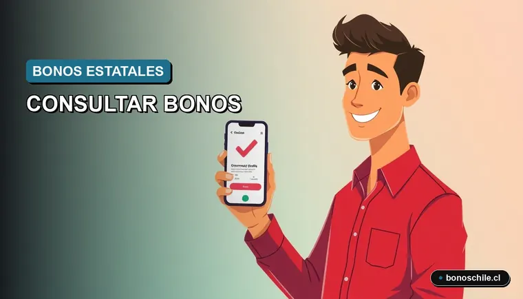 Ilustración vectorial plana de un trabajador chileno consultando un bono estatal en su teléfono, con fondo de gradiente azul.