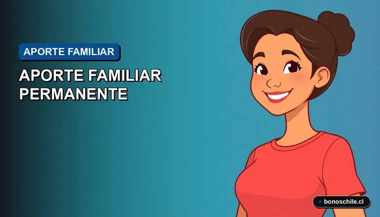 Ilustración vectorial plana de una mujer chilena sonriendo, representando a una beneficiaria del Aporte Familiar Permanente, con fondo degradado azul.