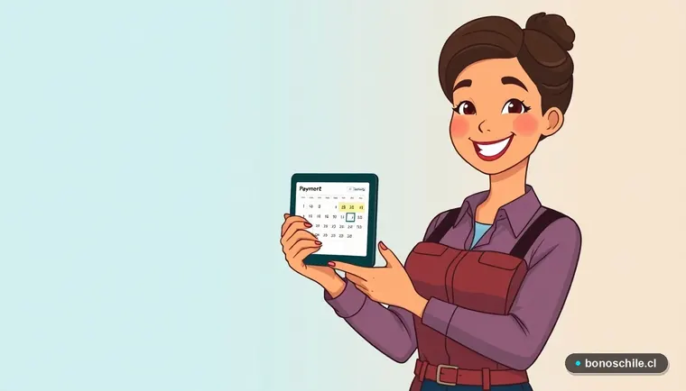 Mujer revisando fechas de pago del Aporte Familiar Permanente en una tablet, ilustración plana.