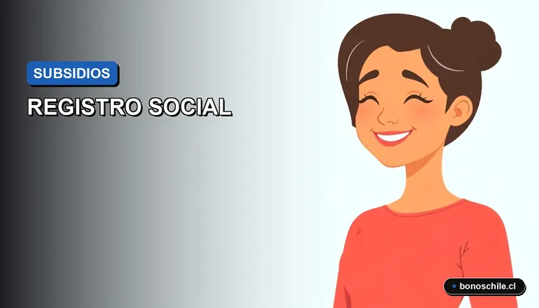 Ilustración vectorial plana de una mujer chilena joven con expresión de alivio, sobre fondo degradado. Representa la solución a errores en el Registro Social de Hogares.