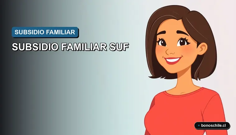 Ilustración vectorial plana de una mujer chilena sonriente, representando a una beneficiaria del Subsidio Familiar SUF, sobre fondo degradado.