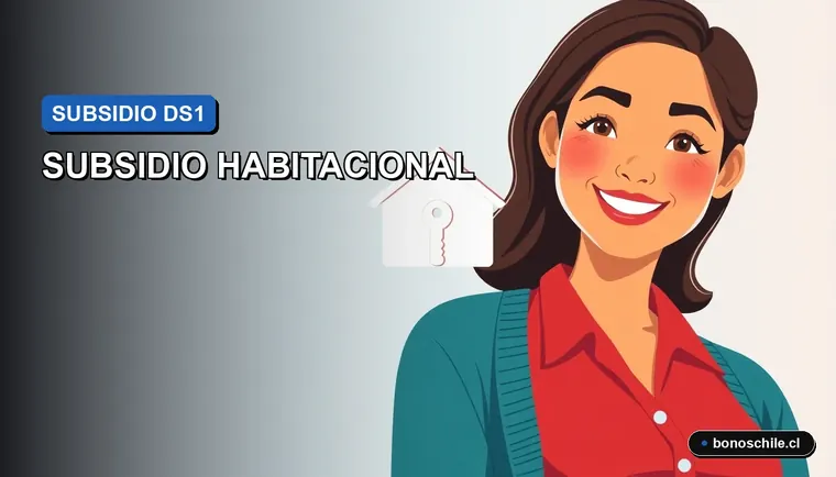 Ilustración vectorial plana de una mujer chilena sonriente junto a un ícono de una casa con llave, representando la obtención del subsidio DS1 para vivienda.