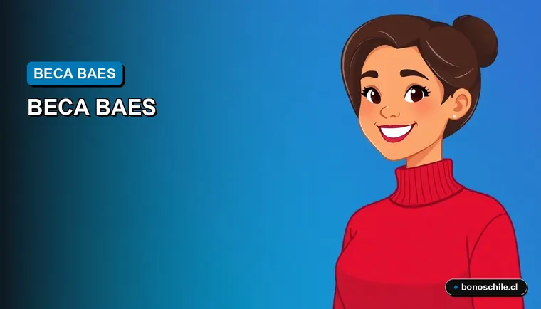 Ilustración vectorial plana de un estudiante universitario chileno sonriendo, representando la Beca de Alimentación para la Educación Superior (BAES). Fondo con gradiente de azul a verde agua.