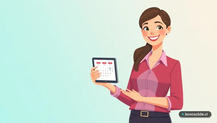 Ilustración de una joven trabajadora chilena consultando información sobre el Bono de Formalización en una tablet digital.