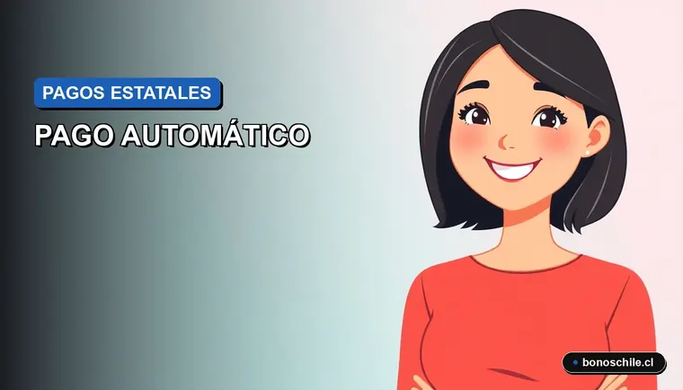 Ilustración vectorial plana de una mujer chilena joven sonriendo, con fondo de gradiente azul, representando la recepción de un beneficio estatal.