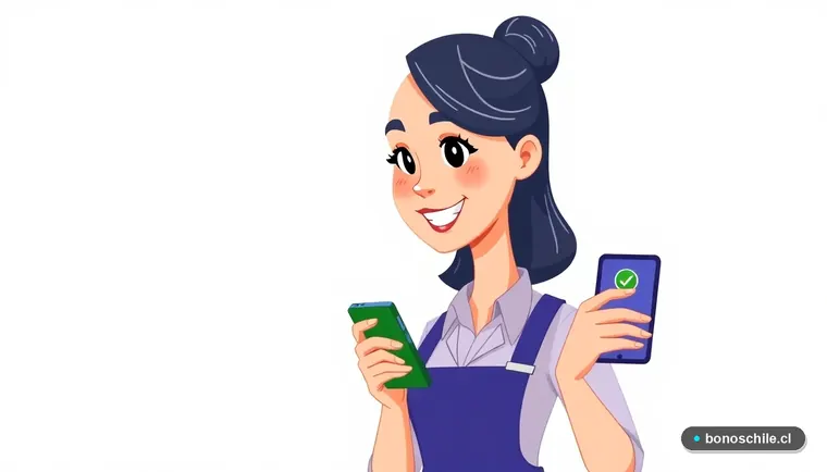 Joven mujer consultando en su teléfono si recibe un pago automático del estado chileno.
