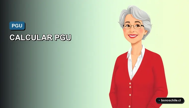 Ilustración vectorial plana de una mujer chilena sonriente, con fondo degradado azul y verde, representando la guía para calcular el monto de la Pensión Garantizada Universal 2026.