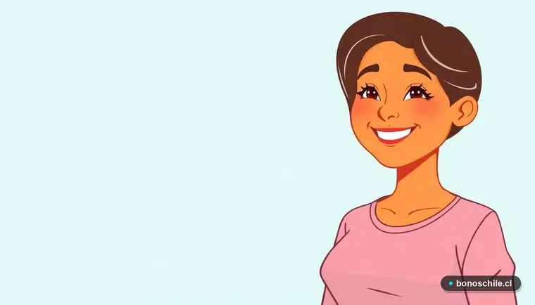 Mujer chilena cálida y sonriente, ilustración vectorial plana, representando a una madre que recibe apoyo familiar.