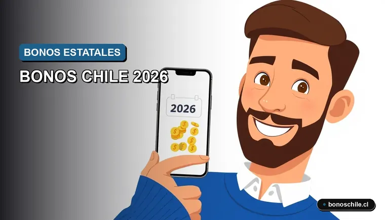 Ilustración vectorial plana de un trabajador chileno revisando un calendario de pagos de bonos estatales.