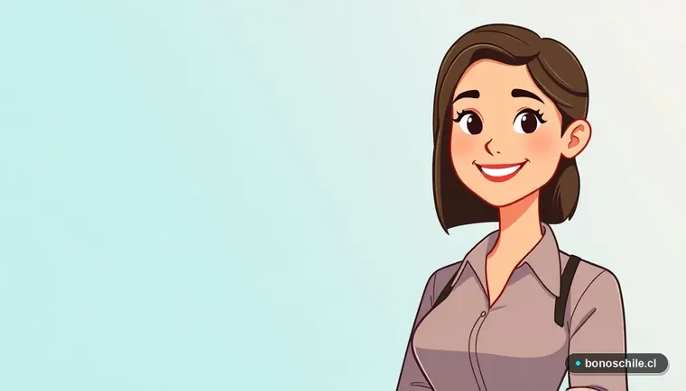 Ilustración de una mujer chilena revisando información sobre bonos estatales en una guía digital.