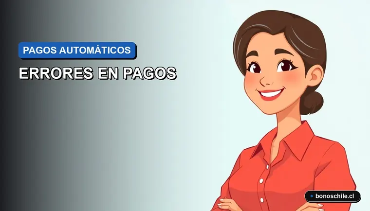 Ilustración vectorial plana de estilo Corporate Memphis sobre errores comunes en pagos automáticos de subsidios en Chile.