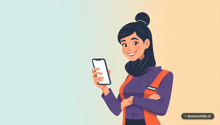 Mujer chilena revisando notificación de pago automático en su celular con expresión de alivio y esperanza.