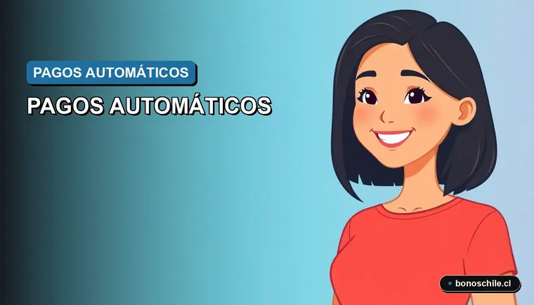 Ilustración vectorial plana de una mujer joven sonriente, con fondo degradado azul y verde, representando los pagos automáticos de beneficios estatales en Chile.
