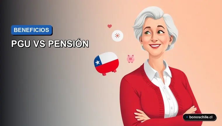 Ilustración vectorial plana que compara los beneficios PGU 2026 y Pensión Solidaria en Chile, mostrando una mujer revisando documentos oficiales.