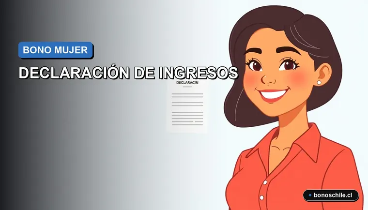 Ilustración vectorial plana de una mujer chilena sonriendo junto a un formulario oficial, representando la guía para el Bono Mujer.