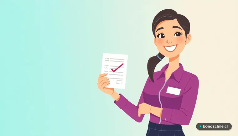 Ilustración de mujer joven con documento oficial para el Bono Trabajo Mujer en Chile.
