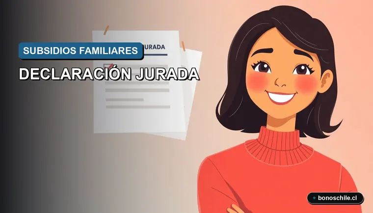 Ilustración vectorial plana de una madre chilena sonriente junto a un formulario de declaración jurada para subsidios familiares.