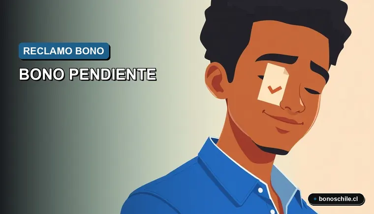 Ilustración vectorial plana de un trabajador chileno con expresión aliviada, junto a un documento de reclamo por bono pendiente, sobre fondo degradado.