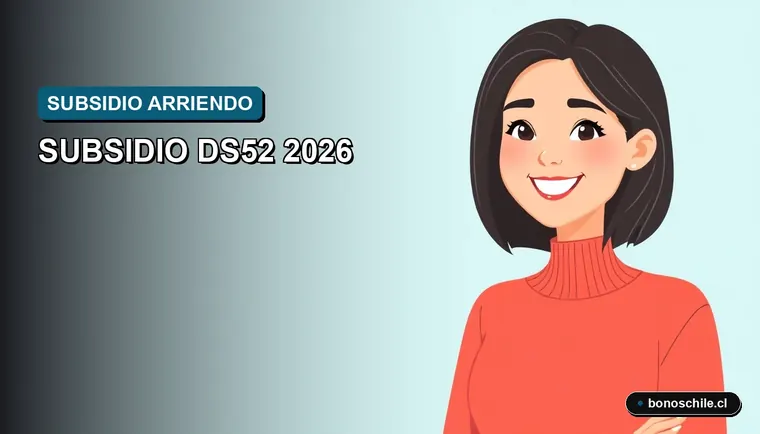 Ilustración vectorial plana de una mujer joven sonriendo, representando a una postulante al Subsidio de Arriendo DS52 del Ministerio de Vivienda y Urbanismo de Chile, sobre fondo degradado.