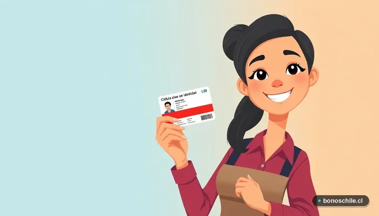 Joven mujer extranjera renovando su cédula de identidad chilena, ilustración vectorial plana.