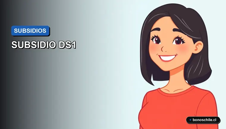 Ilustración vectorial plana y moderna que representa a una mujer chilena revisando los requisitos para el subsidio habitacional DS1 del MINVU, con fondo degradado azul.