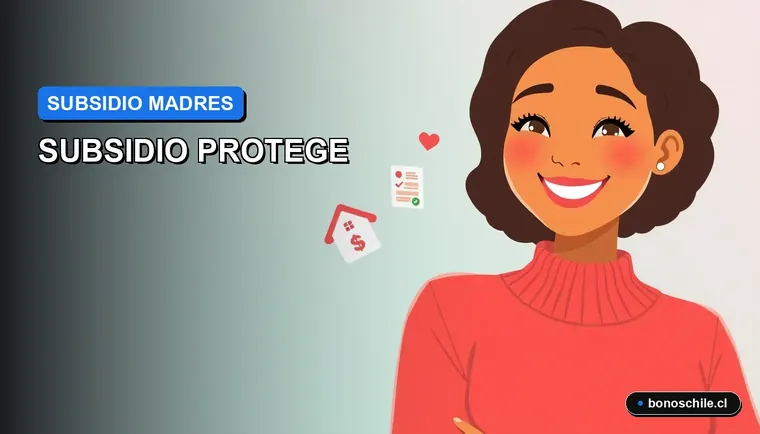 Ilustración vectorial plana de una mujer madre sonriente junto a iconos de subsidio y bienestar familiar, sobre fondo degradado.