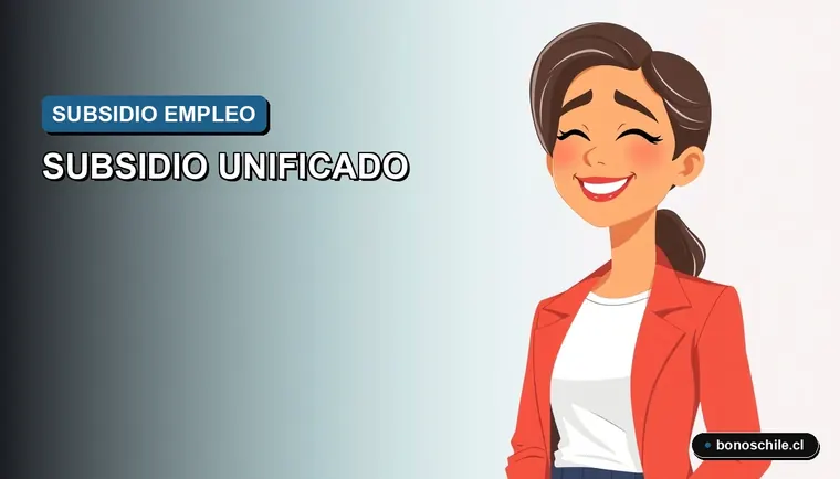 Ilustración vectorial plana de una mujer joven sonriente, con expresión aliviada, sobre un fondo degradado. Representa a una trabajadora beneficiaria del Subsidio Unificado de Empleo en Chile.