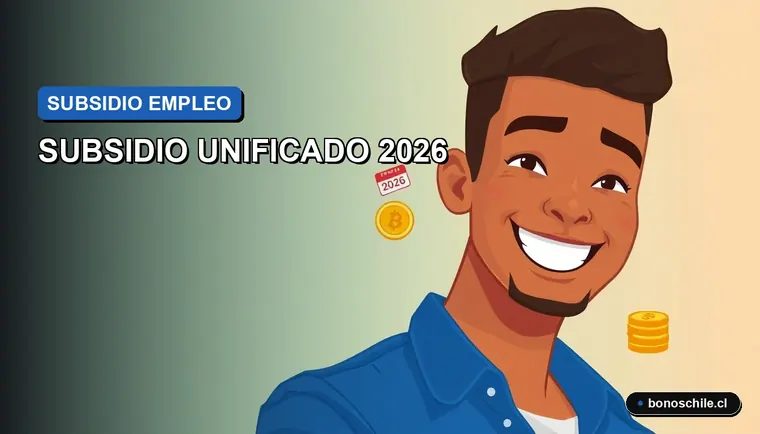 Ilustración vectorial plana de un trabajador joven sonriendo junto a un calendario y monedas, representando el Subsidio Unificado de Empleo 2026.